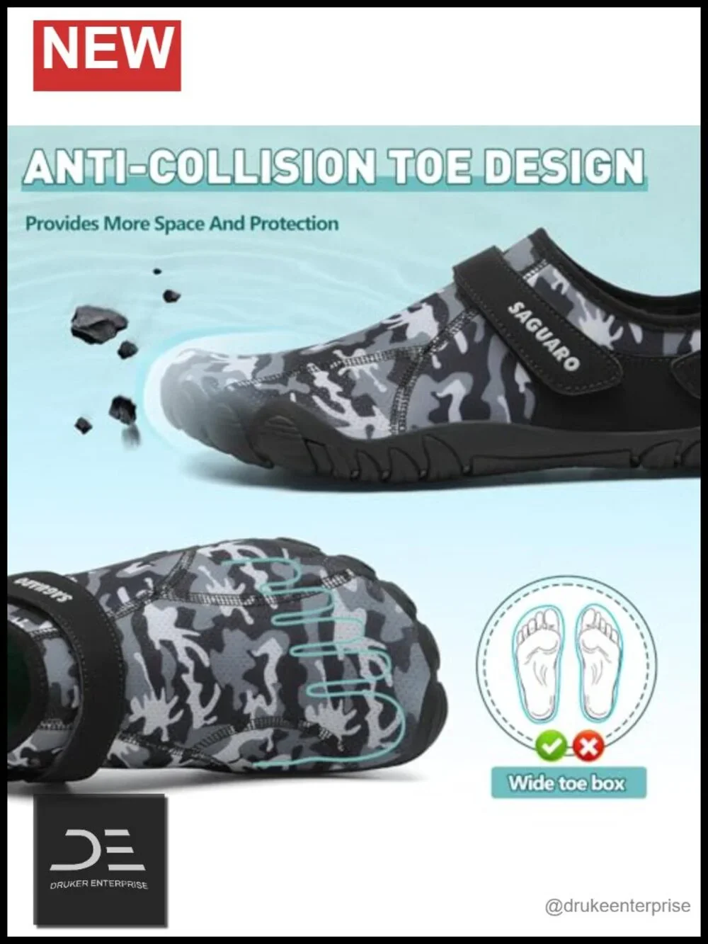 Unisex Barefoot Water Shoes Quick-Drying Non-Slip Hook & Loop